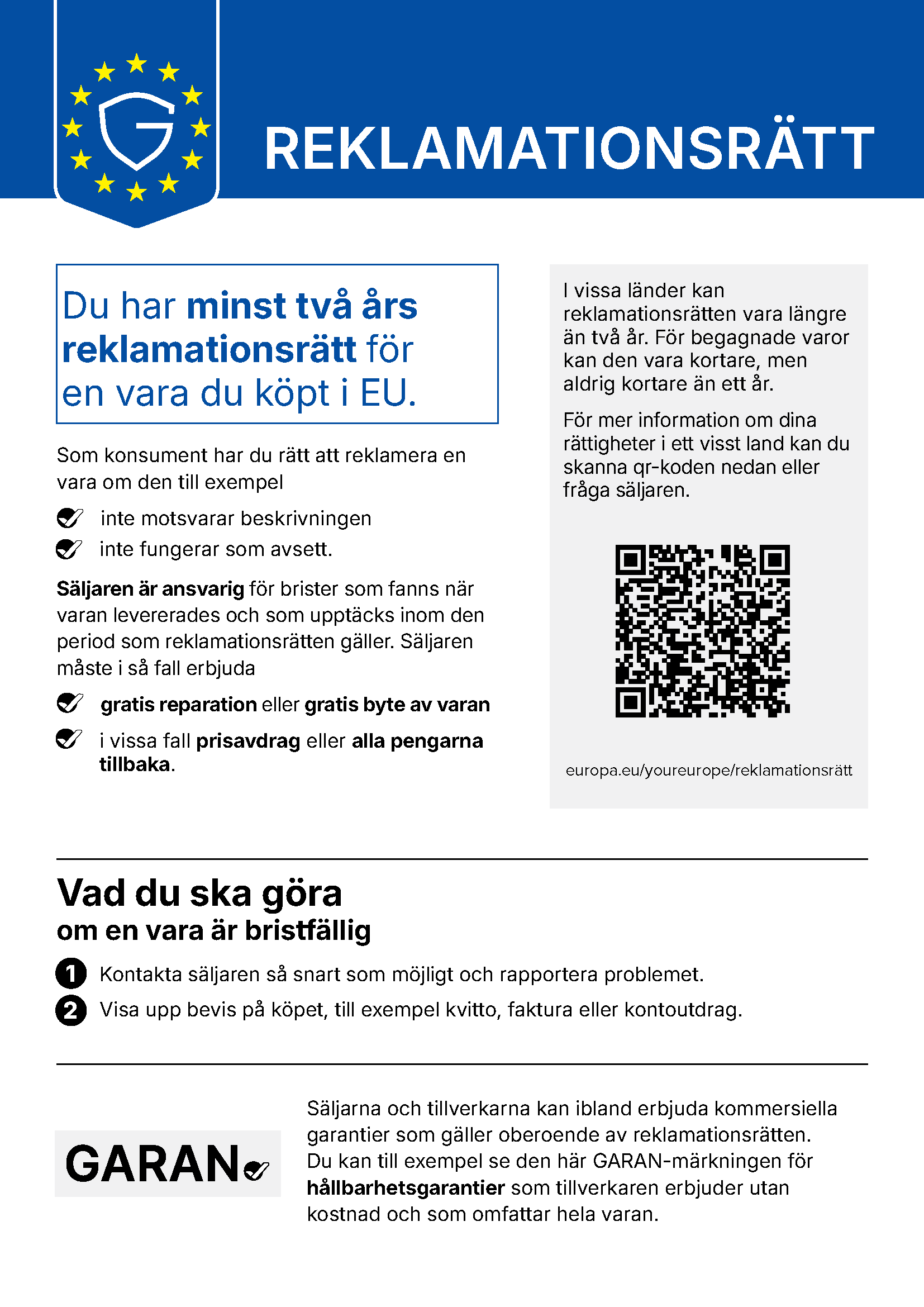 EU:s harmoniserade meddelande om reklamationsrätt: minst två års reklamationsrätt på varor som köps inom EU