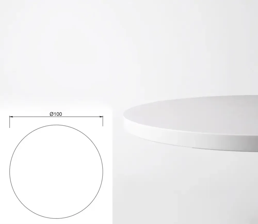 Begagnad bordsskiva rund, färg vit. Mått: Höjd 2,2 cm x Bredd 100 cm x Djup 100 cm.