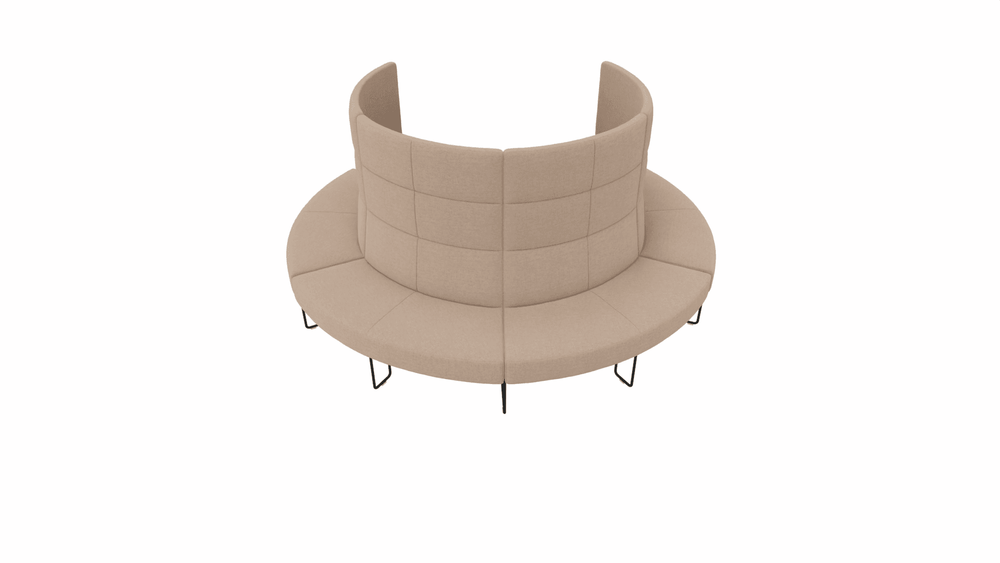 Begagnad modulsoffa med hög rygg Mingle från EFG i beige tyg. Mått: höjd 141 cm, djup 45 cm, Sitthöjd 48 cm, Diameter 292 cm.