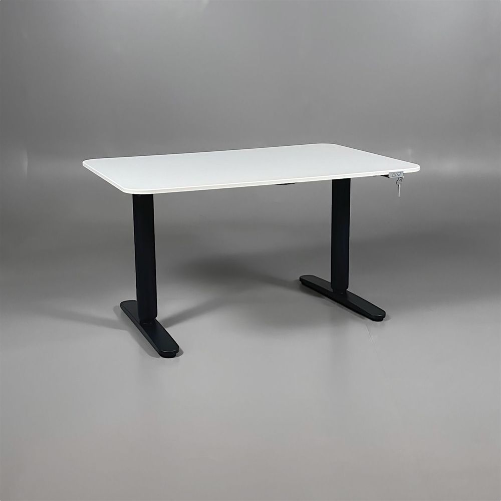 Begagnat höj- och sänkbart skrivbord från IKEA modell Bekant. Färg på bordsskivan är vit med ett svart stativ. Mått: Bredd 120 cm, djup 80 cm, justerbar höjd 65 - 125 cm. Passar perfekt för dynamiska arbetsmiljöer.