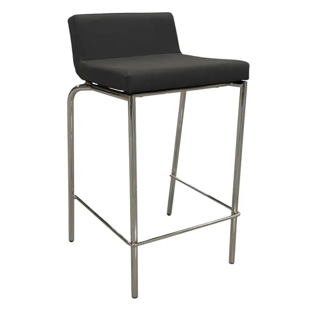 Begagnad barstol från Keystone med grå sits klädd i vattenavvisande tyg och stativ i krom. Mått Höjd 78 cm, Bredd 45 cm, Djup 45 cm.