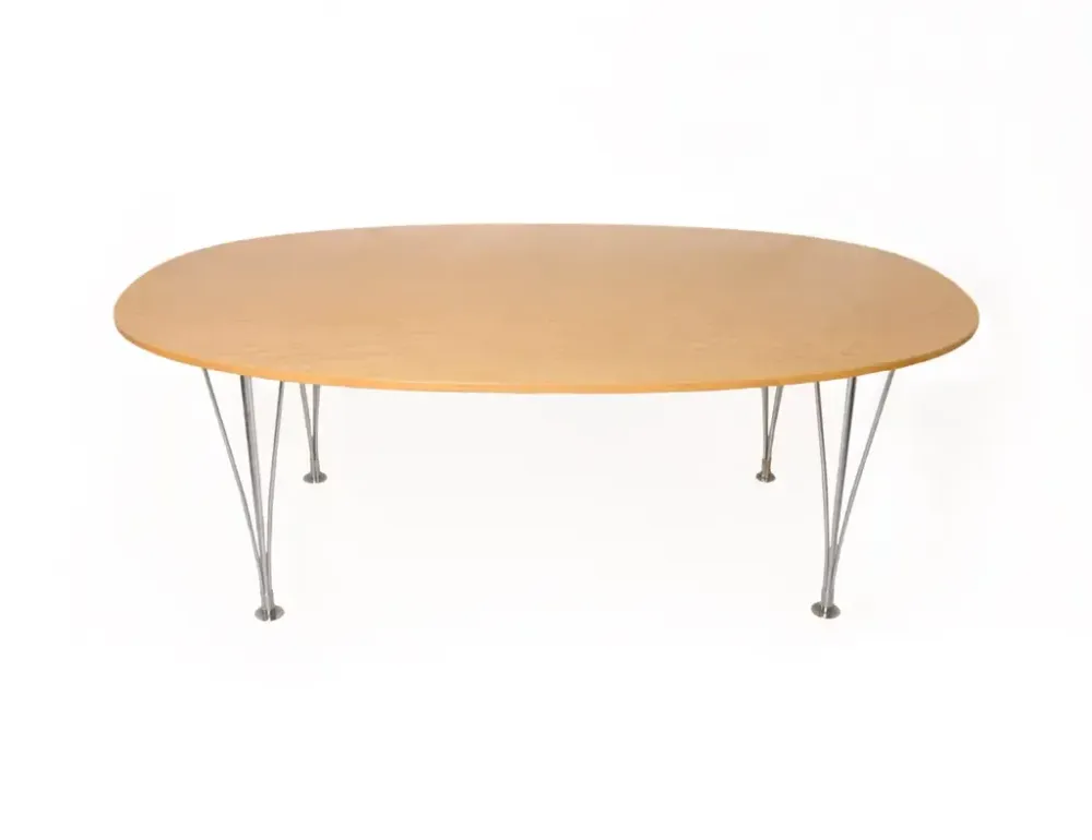 Bruno Mathsson Superellips 150x90 begagnat soffbord i björk med kromade bordsben.