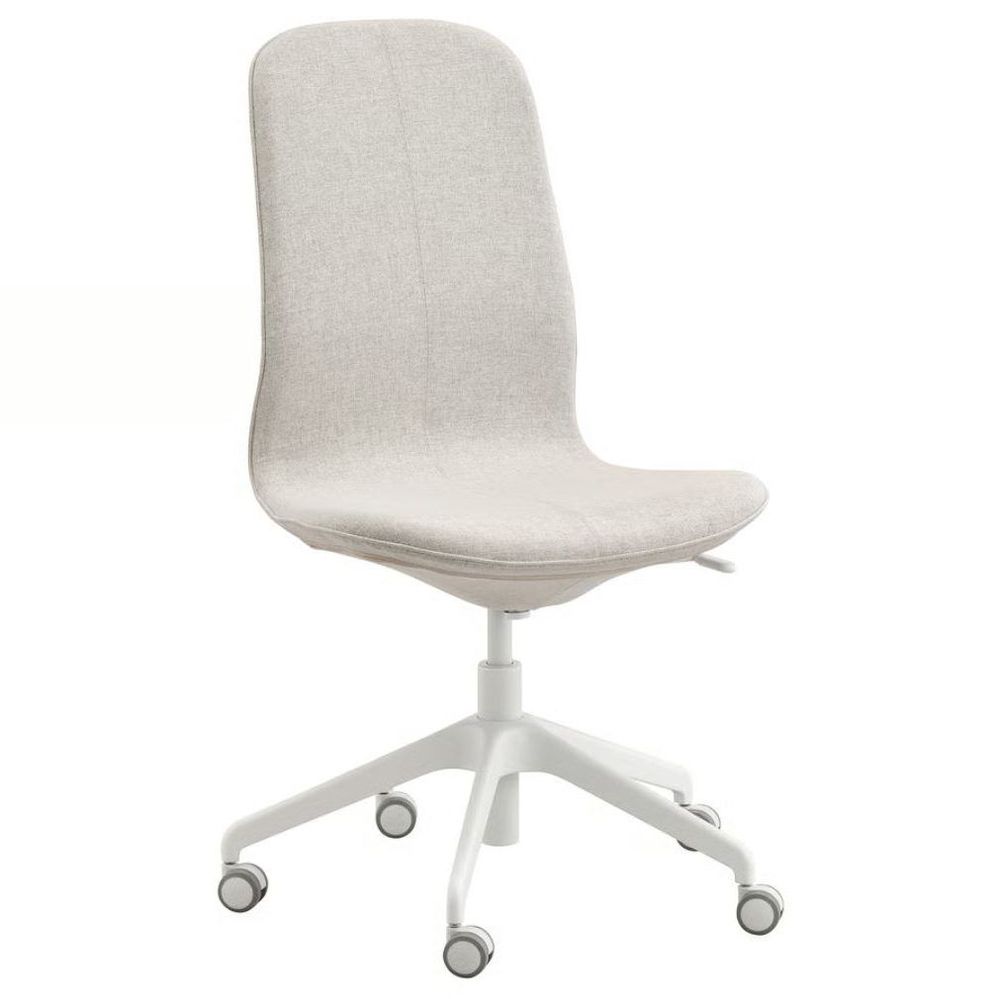 Begagnad stol med hjul Långfjäll i ljusgrått tyg utan armstöd. Mått: Max. höjd: 140 cm, Sitthöjd: 45 – 56 cm, Sittdjup: 46 cm, Fotkryssets diameter: 68 cm.