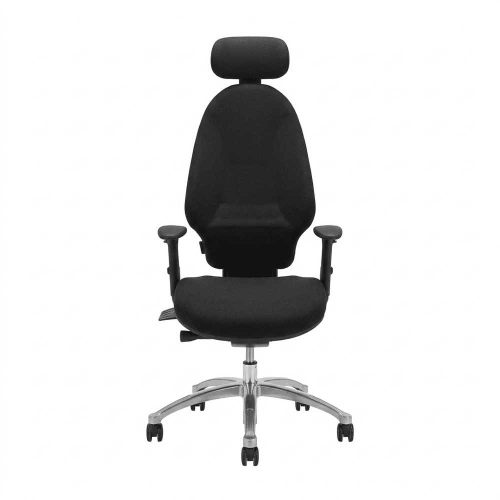Begagnad kontorsstol Extend 120 från RH i svart med nackstöd och stativ i silverfärgad aluminium. Mått: Höjd 115 cm, Bredd 65 cm, Djup 60 cm.