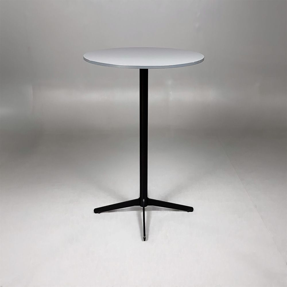 Begagnat barbord Feather från Edsbyn med mörkgrå rund bordsskiva och svart stativ. Mått: Diameter 70 cm och höjd 110 cm. 