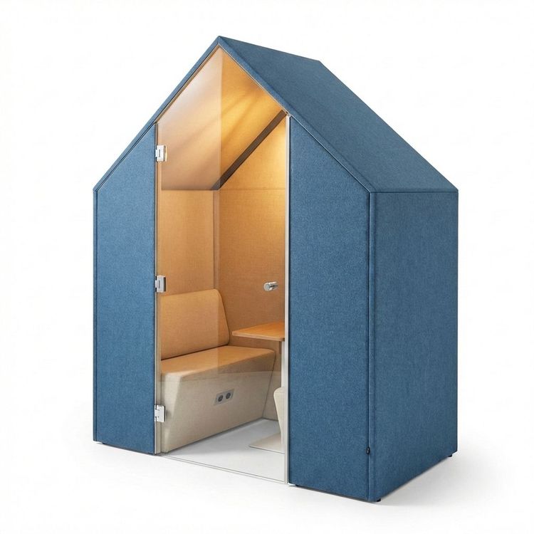 Begagnad telefonbås/tyst arbetsplats Half a Hut från Götessons med textilklädda väggar i blå/beige. Mått: Bredd 186 cm, Djup 100 cm, Höjd 228 cm. 