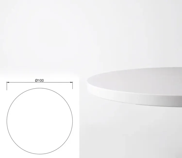Begagnad bordsskiva rund, färg vit. Mått: Höjd 2,2 cm x Bredd 100 cm x Djup 100 cm.