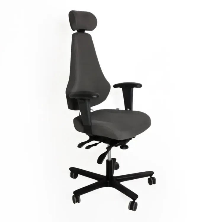Begagnad kontorsstol Allegro från EFG i grått tyg. Mått: Höjd 133 cm, bredd 61 cm och djup 57 cm.
