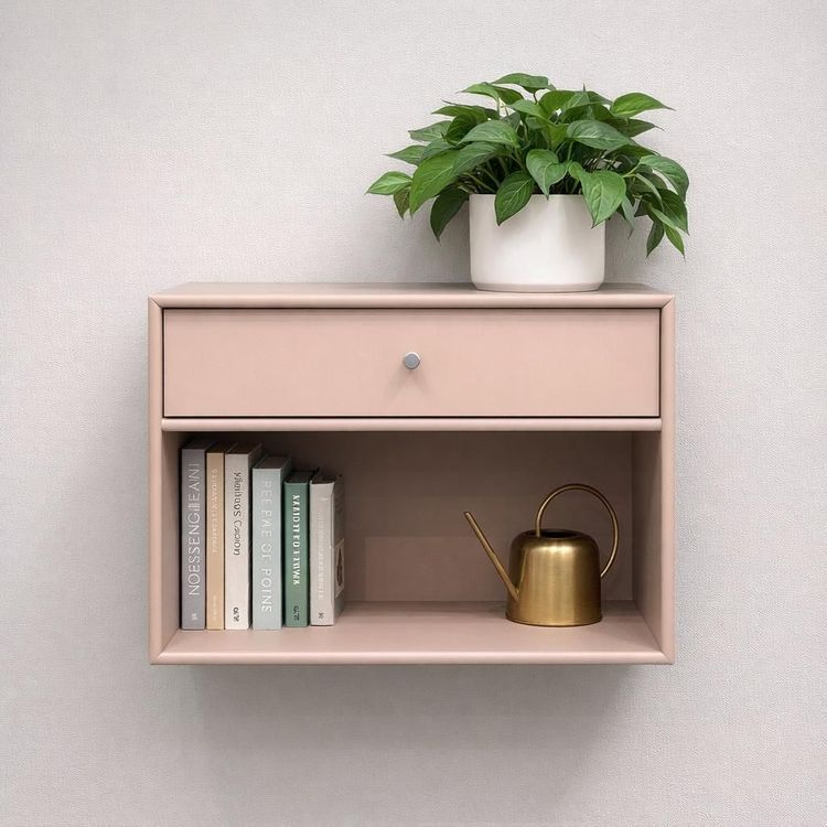 Begagnad vägghylla Shelf 6242 i beige med öppet hyllplan samt praktisk låda. Mått:  bredd: 46.8 cm, djup: 30 cm, höjd: 35.4 cm.