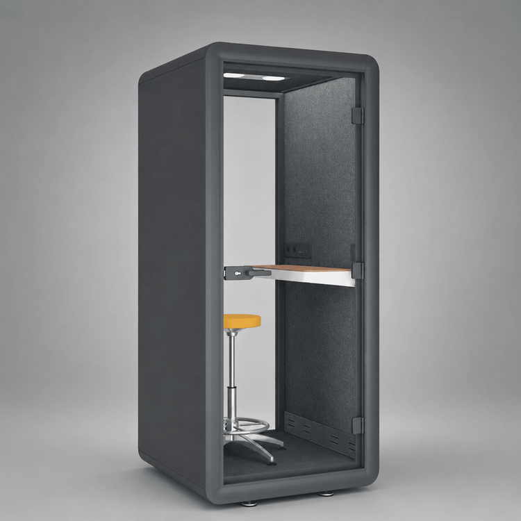 Begagnad telefonbås Silento Solo från Lanab Design i grått. Mått: Bredd 100 cm, Djup 100 cm, Höjd 234 cm. 