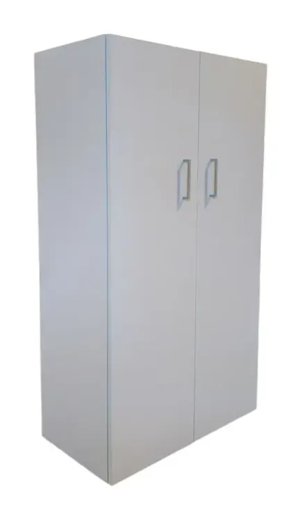 Begagnad ljusgrå garderob med slagdörr. Mått: höjd: 145 cm, bredd: 80 cm, djup: 42 cm. 