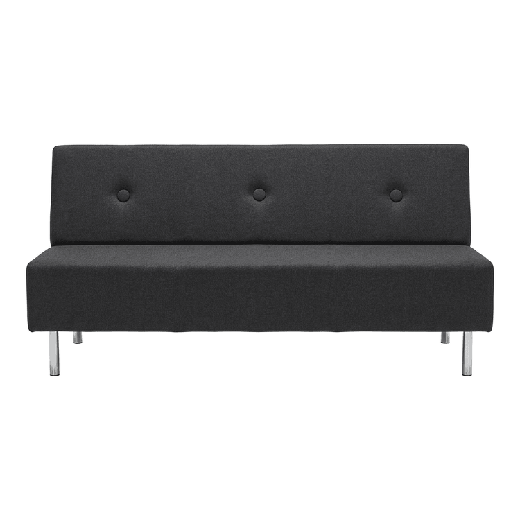 Begagnad soffan från Johanson Design i mörkgrått tyg med indragna knappar, ben i kromat stål. Mått: Höjd 87 cm, Bredd 177 cm, Djup 68 cm.