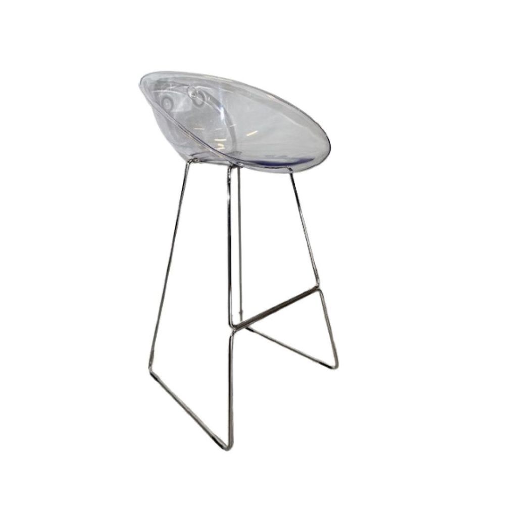 Barstol Pedrali Gliss med runt skal i transparent färg, Stomme med kromade rörben, design Claudio Dondoli och Marco Pocci. 