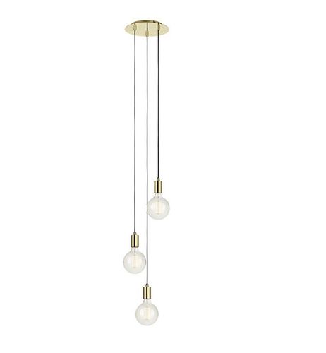 Begagnad flerfärgad taklampa från Markslöjd modell Sky. I mässing med svarta sladdar och klara glödlampor. Mått: totalhöjd 80 cm, takfäste ⌀25 cm. 