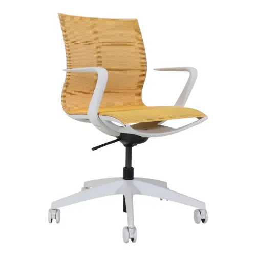 Begagnad Stol med hjul Joy från Sedus. Orange färgad sits och grått stativ. Mått: Höjd 100 cm x Bredd 70 cm x Djup 70 cm. Sitthöjd: 44-55 cm. 