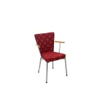 Begagnad stapelbar konferensstol med armstöd, modell Salute från Skandiform i rött mönstrat tyg. Mått: Höjd 80 cm x Bredd 44 cm x Djup 54 cm. Sitthöjd: 46 cm.