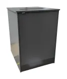 Begagnad miljösortering i grått med dörr och toppskiva med hål för papper. Mått: höjd 112 cm, bredd 79 cm och djup 91 cm. 