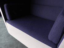 Begagnad fåtölj Float High Large från Offecct. Insidan i lila textil, utsida i pastell. Mått: Bredd 90 cm, Djup 90 cm, Höjd 130 cm, Sitthöjd: 43 cm. 