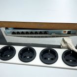 Begagnat projektbord Disc från Skandiform i grå färg med kabelhål. Mått: bredd 450 cm, djup 120 cm, höjd 103 cm. 