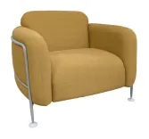 Begagnad fåtölj Mega Armchair från Massproductions i gult tyg. Mått: höjd: 77 cm, bredd: 100 cm och djup: 90 cm. 
