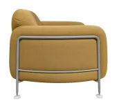 Begagnad fåtölj Mega Armchair från Massproductions i gult tyg. Mått: höjd: 77 cm, bredd: 100 cm och djup: 90 cm. 