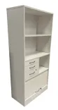 Begagnad förvaring öppen från Brizley i vitt. Med hyllplan och lådhurts med tre separata lådor. Längst ned finns hyllplan med jalusidörr. Mått: Höjd 173 cm x Bredd 80 cm x Djup 41,5 cm.  