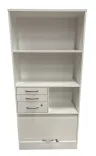 Begagnad förvaring öppen från Brizley i vitt. Med hyllplan och lådhurts med tre separata lådor. Längst ned finns hyllplan med jalusidörr. Mått: Höjd 173 cm x Bredd 80 cm x Djup 41,5 cm.  