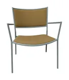 Begagnad fåtölj Jig Easy Chair från Massproductions i ljusbrunt tyg och grått stativ. Mått: Höjd 72 cm, Bredd 62 cm, Djup 62 cm. Sitthöjd 38 cm. 