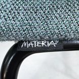 Begagnad barstol Neo från Materia med blågrön klädsel, svart underrede och integrerat fotstöd. Mått: bredd 55 cm, djup 46 cm, höjd 83 cm, sitthöjd 63 cm. 