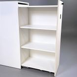 Begagnat towerskåp från Edsbyn modell Access med stomme i vit och front i ask. Mått: bredd 43.5 cm, djup 80 cm och höjd 125 cm. 